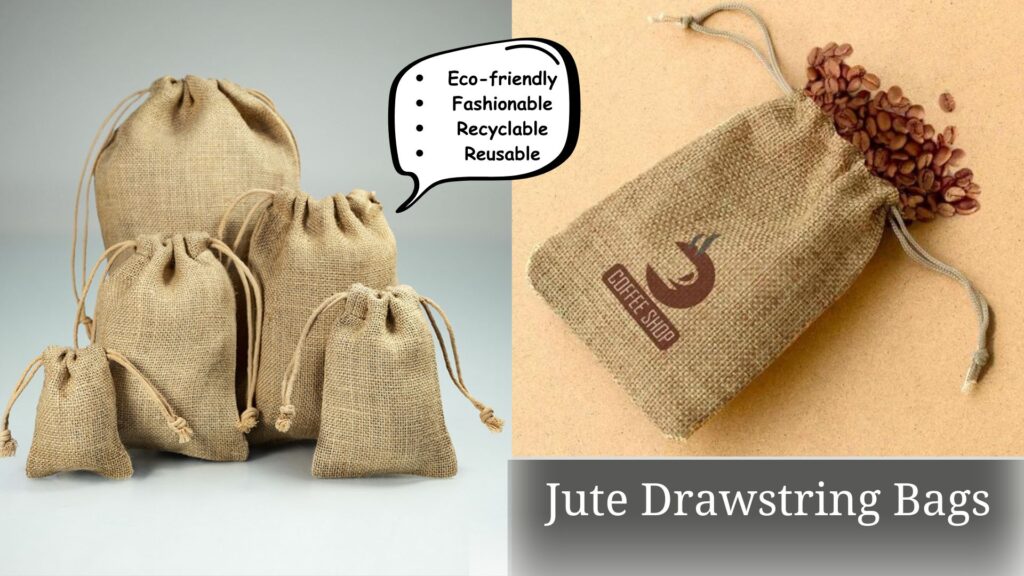Jute Drawstring Bags in Bangladesh.Image of eco-friendly jute drawstring bags in various sizes and colors.
