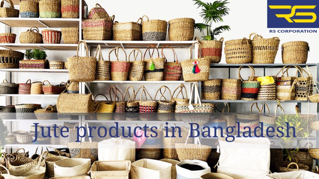 Jute Products in Bangladesh. Various jute products displayed in Bangladesh, including bags, rugs, and decorative items.